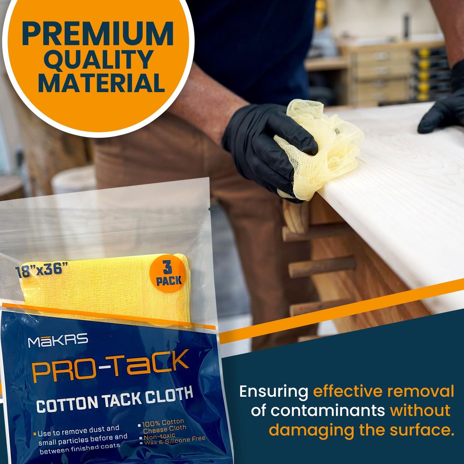 Mākrs 18″ X 36″ Pro-Tack Tack Cloth, 3-Pack Wood Prep Cloths, Remove and Trap