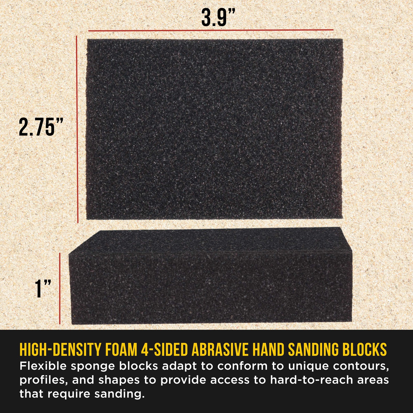 60 Grit 4-Sided Hand Sanding Block Sponges, 6/Box – 3.9″ x 2.75″ x 1″ Wet or Dry