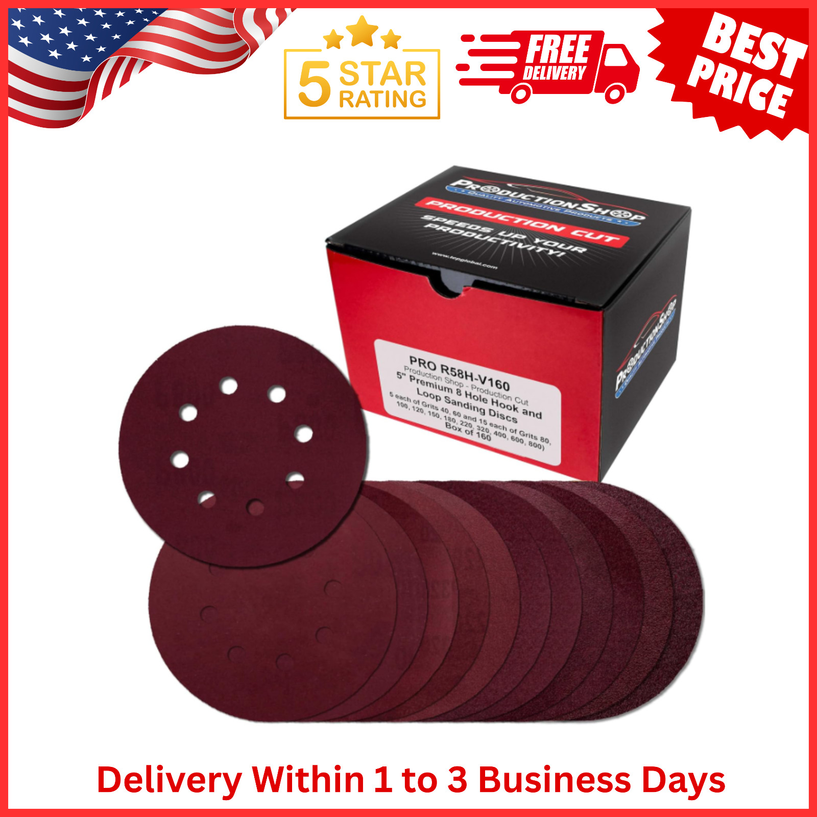 160 Pack 5 inch Sanding Discs 8-Hole Red Variety Pack Grit, Hook ,Loop Sandpaper