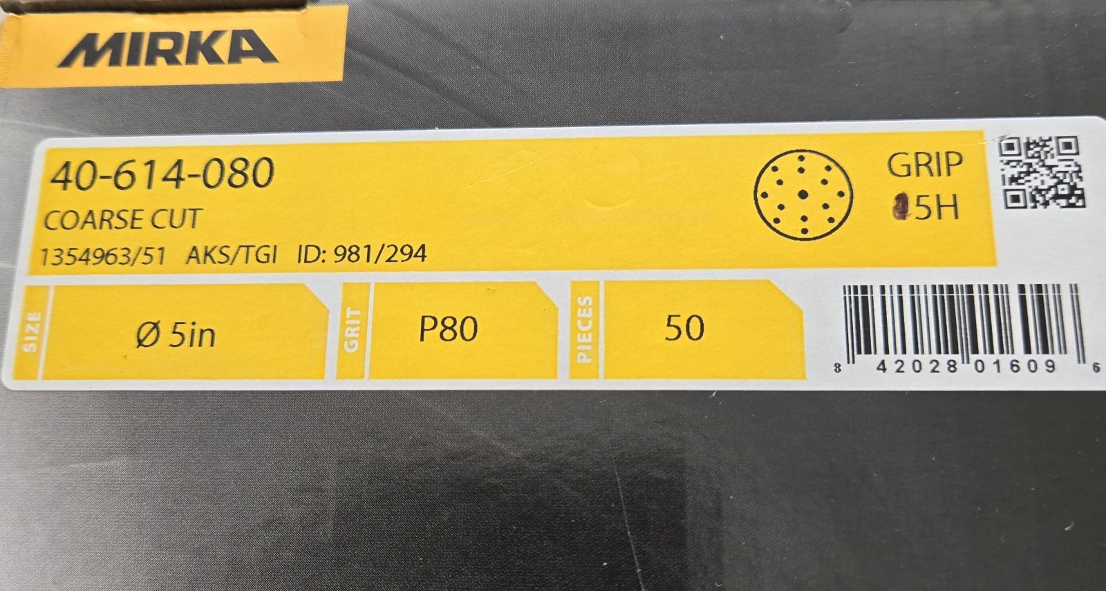 MIRKA SANDING DISCS 40-614-080. 5″ COURSE CUT, 5 HOLE, P80 GRIT. BOX OF 50.