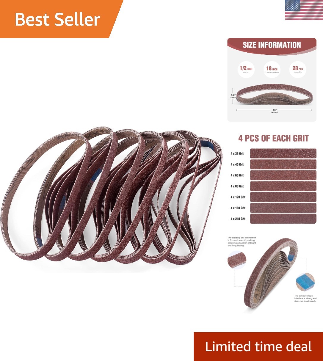 Assorted Grit Sanding Belts 1/2×18 Inch – 28 Pcs for Woodworking & Metalworking