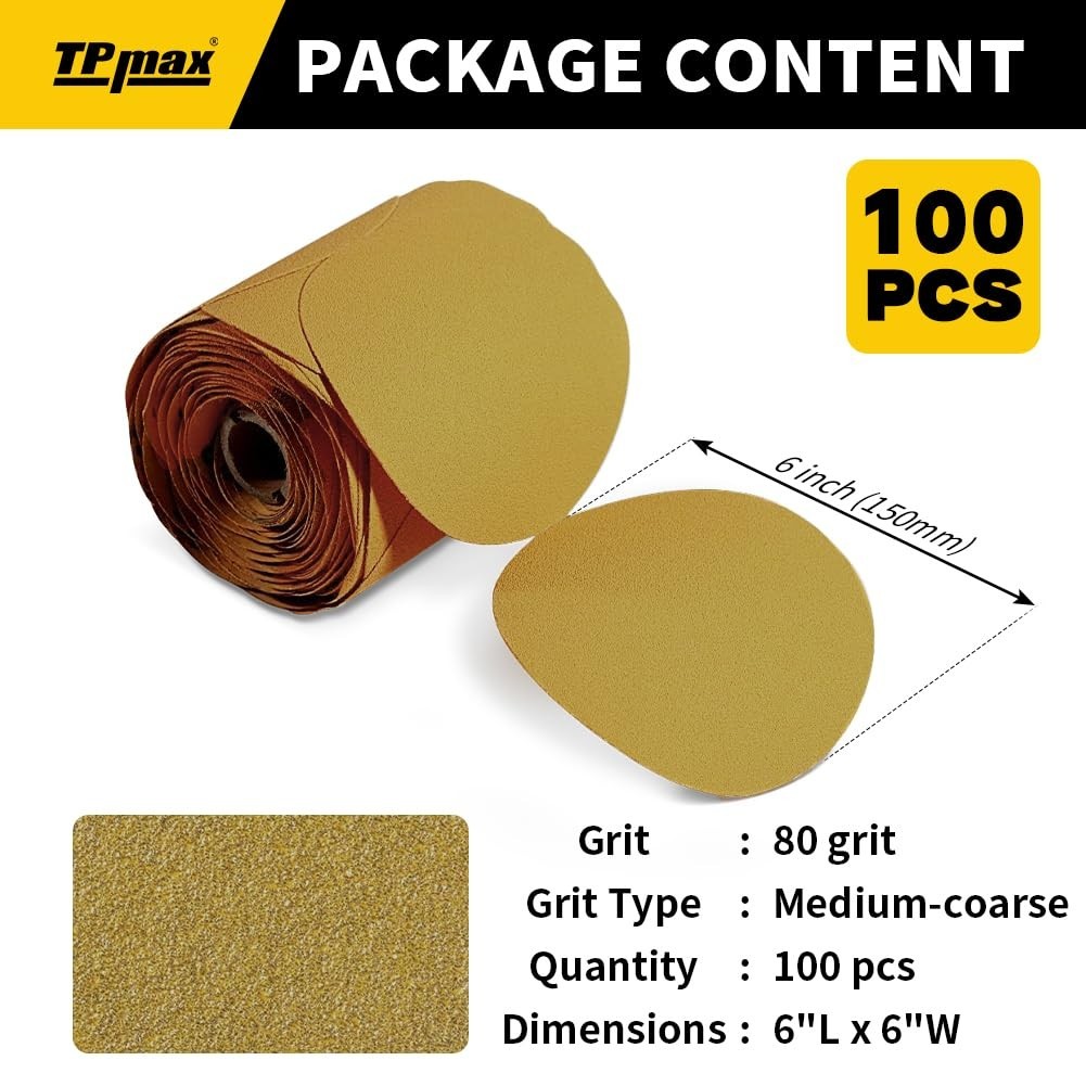 Sanding Discs 6 Inch 80 Grit Adhesive Backed Sandpaper 100pcs for Drill Auto