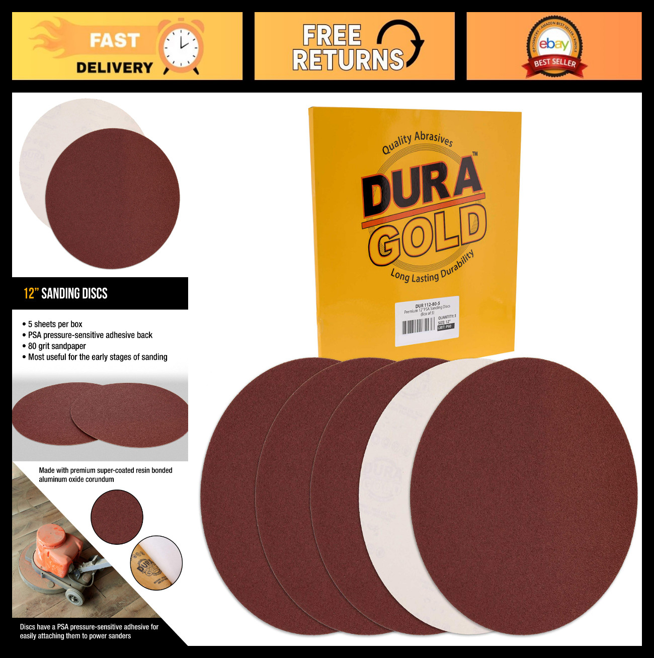 Premium 12″ Sanding Discs 80 Grit – PSA Self Adhesive Sandpaper for Wood, Drywal