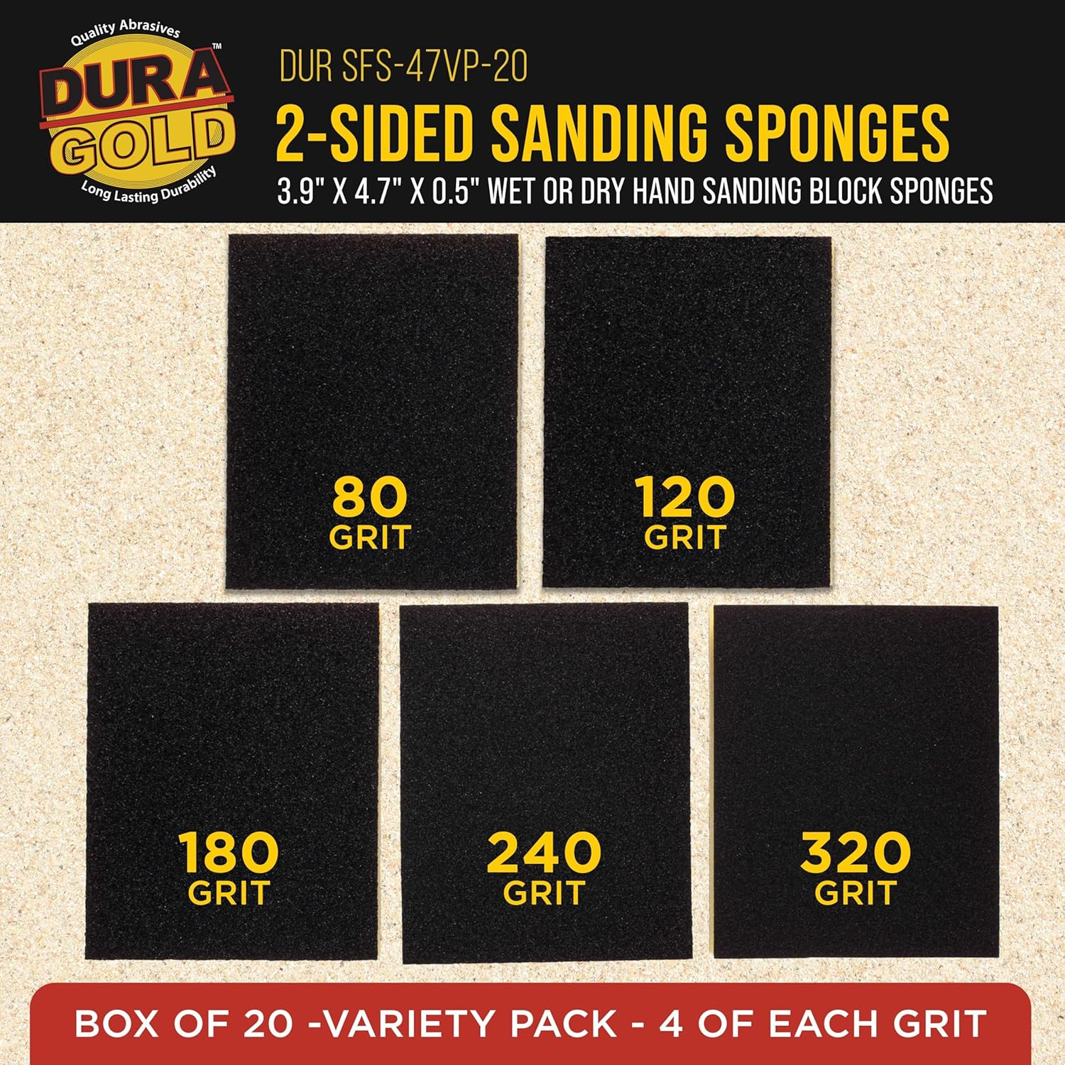 Dura-Gold Double-Sided Sanding Sponge Grit Variety Pack, Box of 20, Grits 80, 12