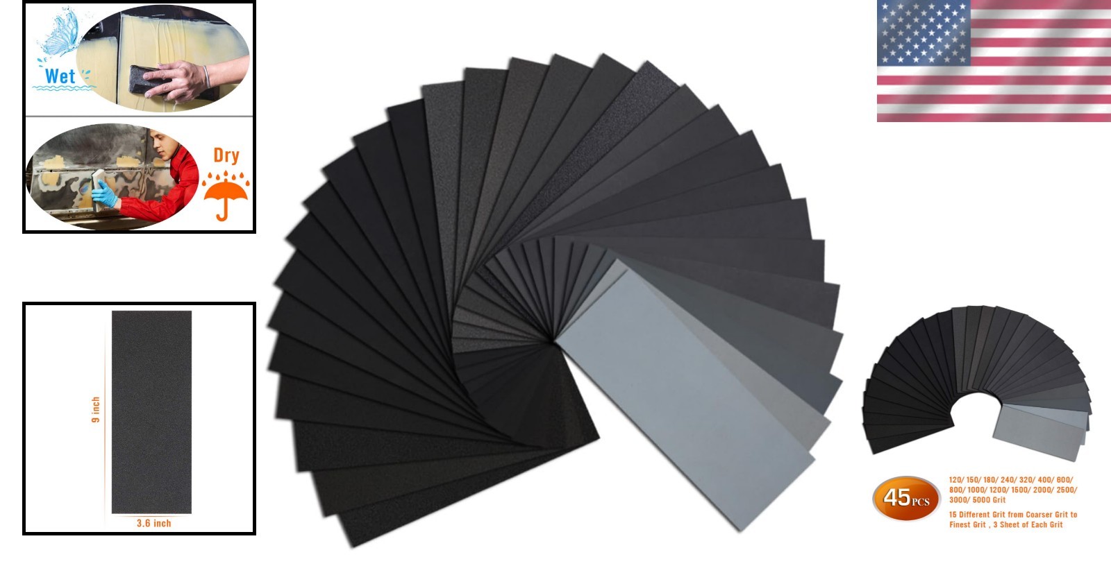 45PCS Wet/Dry Waterproof Sandpaper Set, 9 x 3.6 Inches, Versatile Grits Included