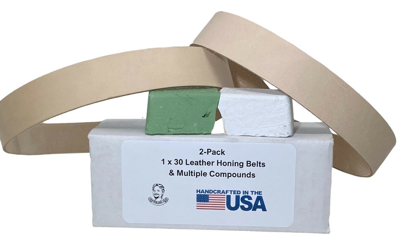 2 Pack of 1X30 Leather Honing & Polishing Belts with Green and White Compounds