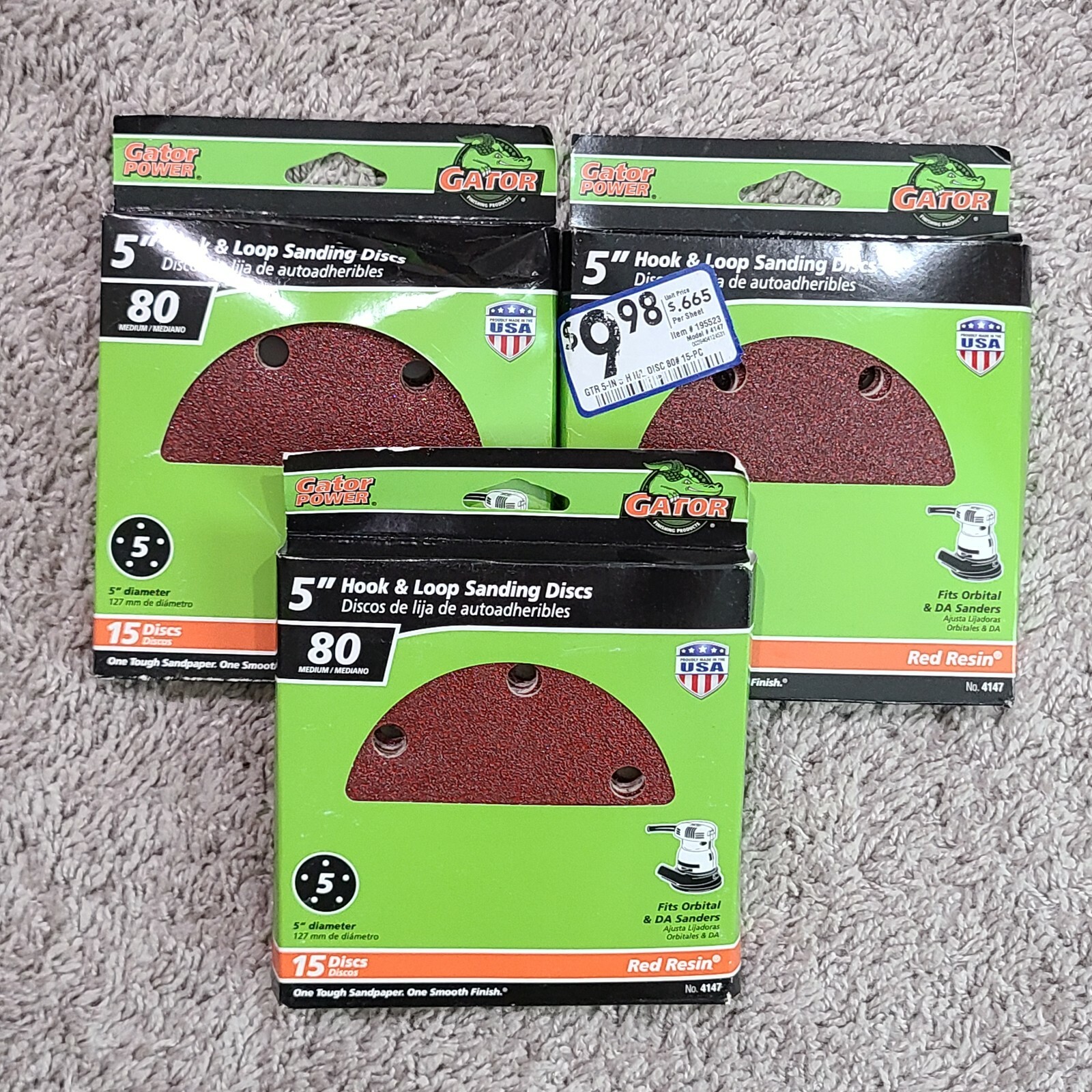 3 Packs Gator Power 5″ Hook And Loop Sanding Discs 80 Medium 15 Discs Red Resin