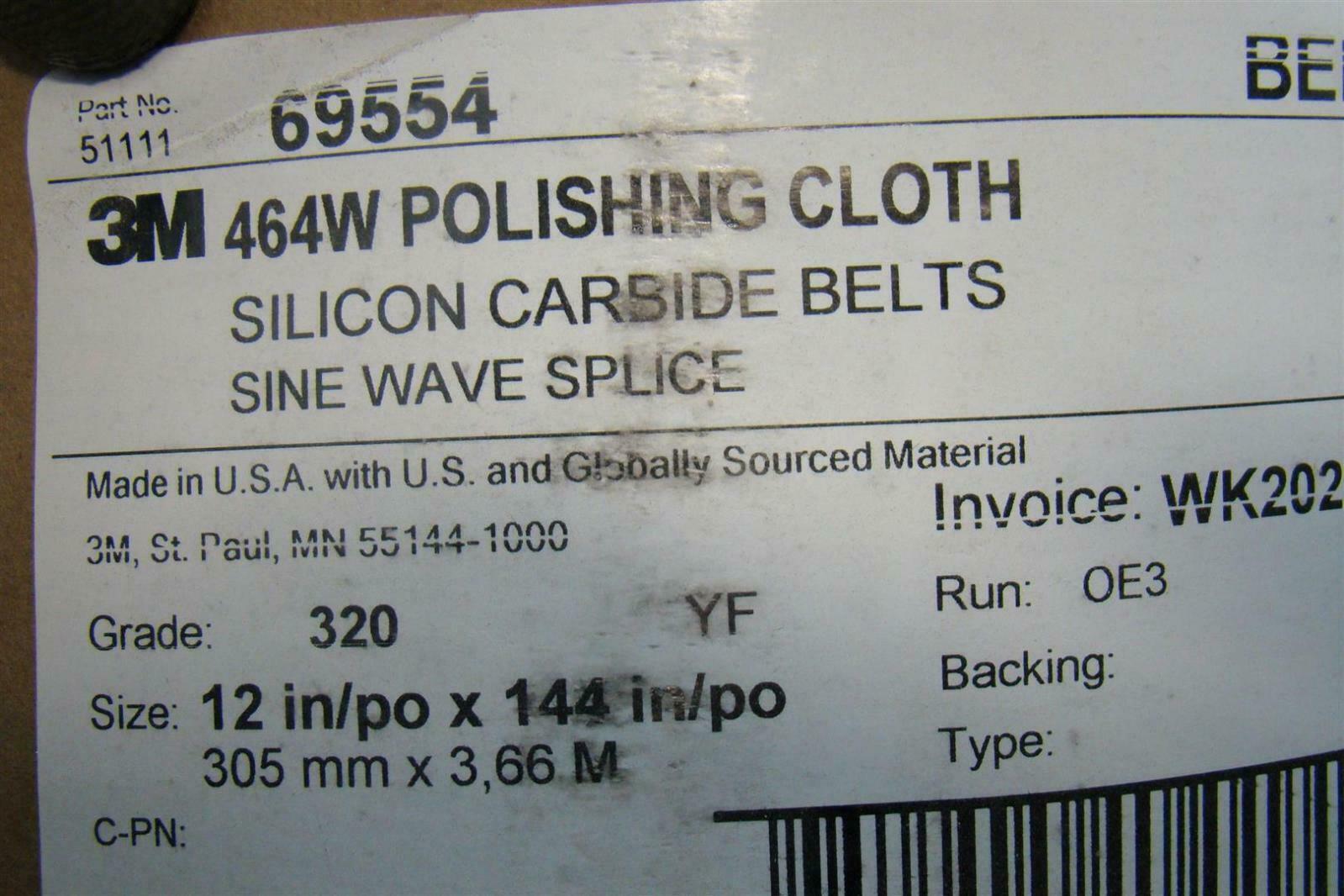 (5) 3M 464W Polishing Cloth Silicon Carside Belts Sine Wave Splice 320Grade 12in