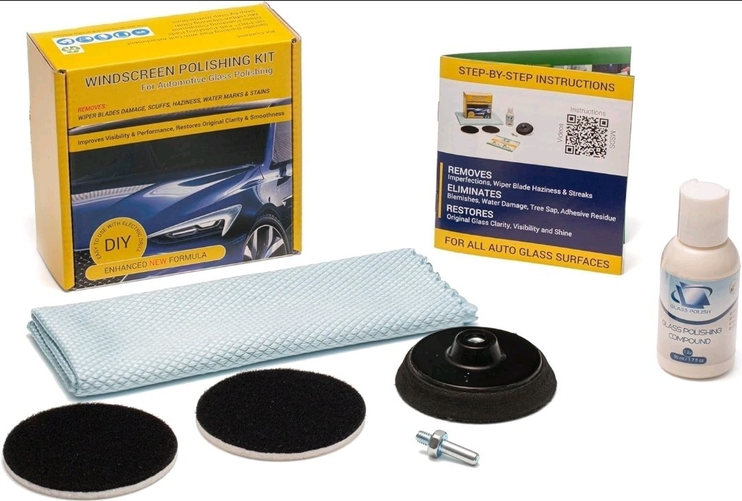 Glass Polish Windscreen Polishing Kit 1.7oz Compound, 3″ Pad, Drill Attachment