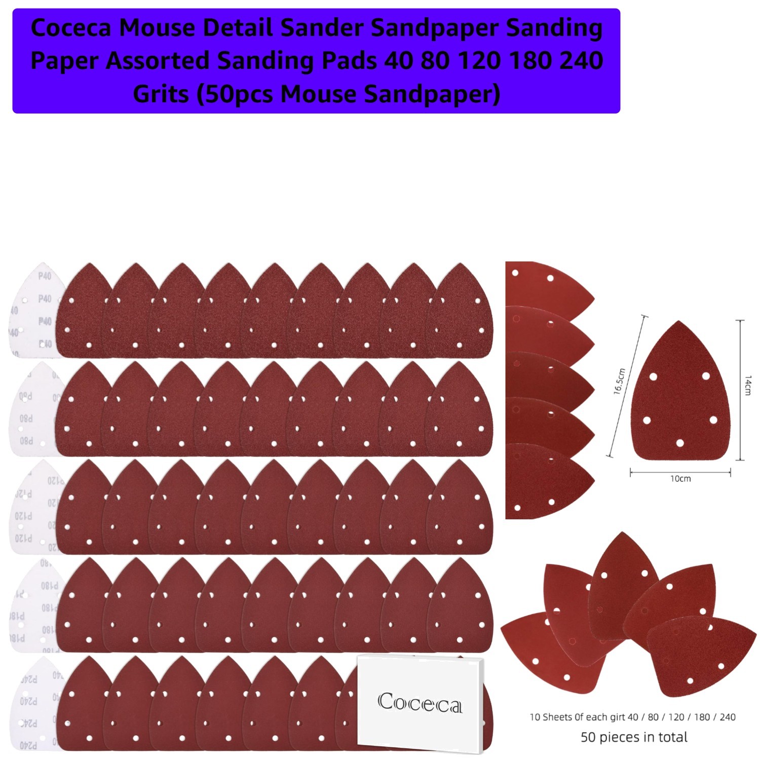 Assorted 50pcs Mouse Sandpaper Set – 40/80/120/180/240 Grits for All Materials