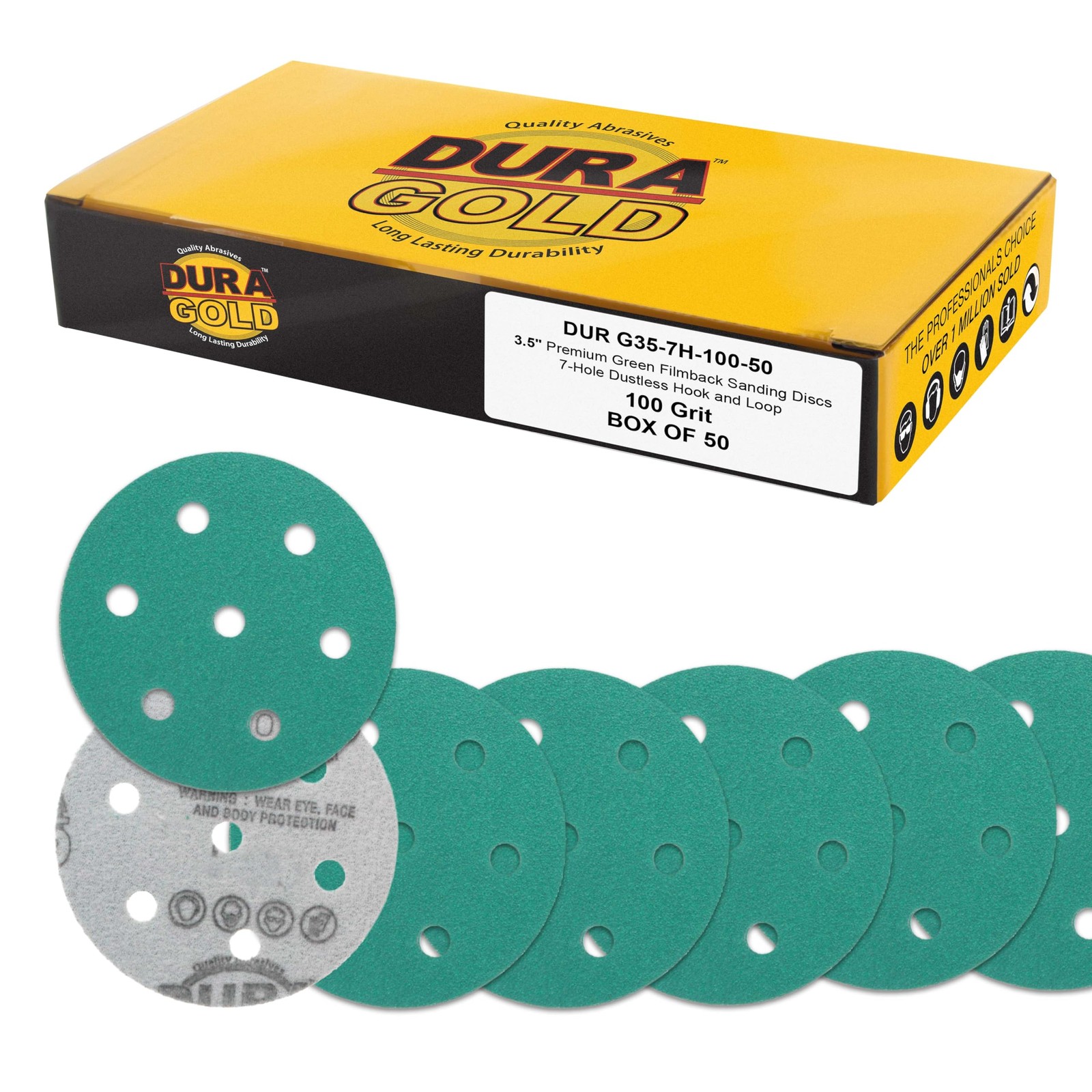 Dura-Gold Premium 100 Grit 3.5″ (90mm) Green Film Sanding Discs, 7-Hole