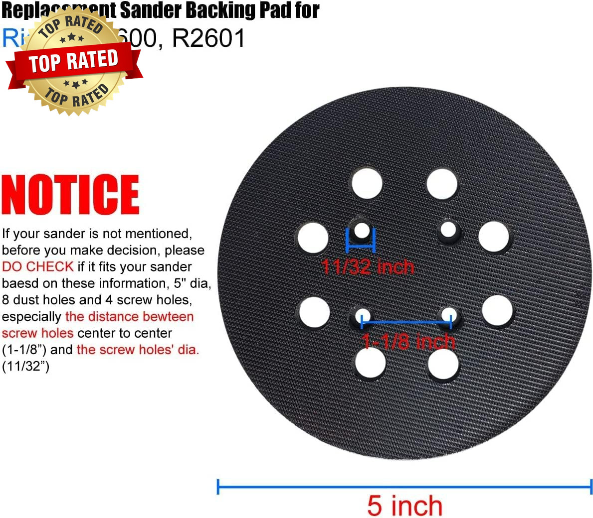 2 Pack 5 Inch 8 Hole Hook and Loop Sander Pad for Ridgid R2600 R2601 5″ Random O