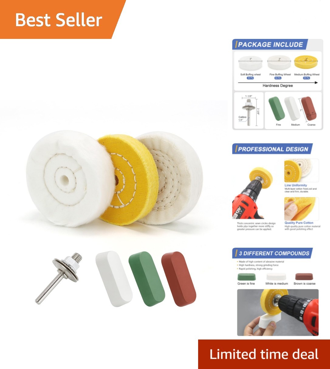 3″ Buffing Wheels with Color-Coded Compounds – Perfect for Drill Use & Polishing