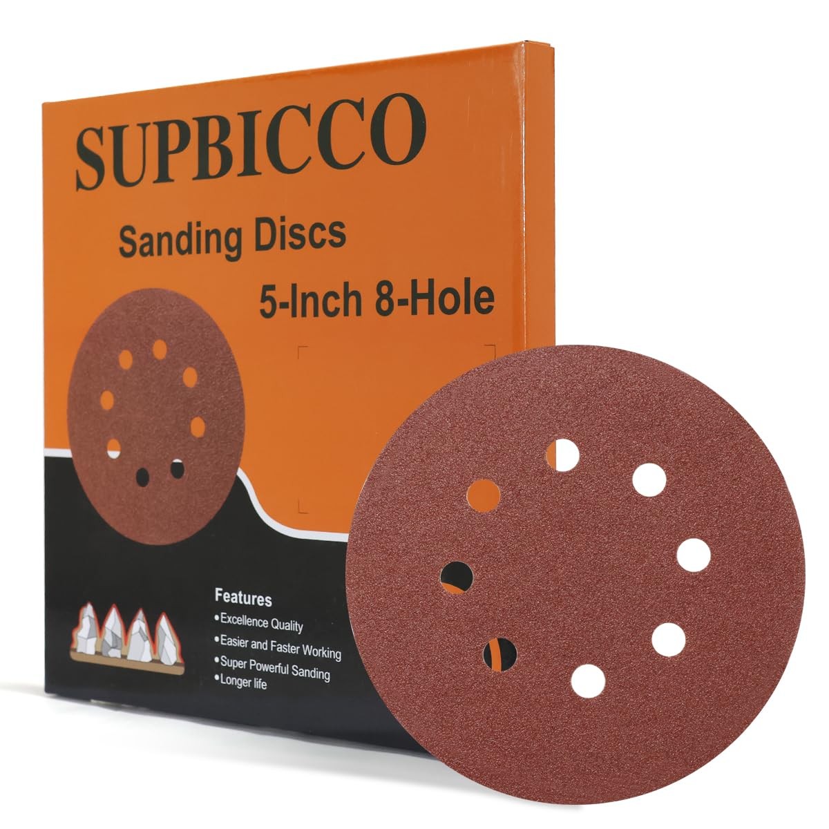 50 Pcs 5″ 8 Hole Sanding Discs Hook and Loop Round Sandpaper Pads Assorted Grits