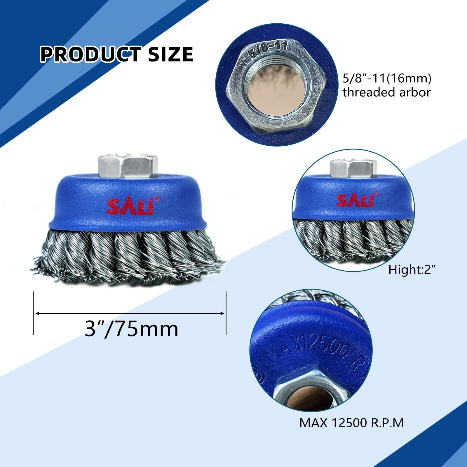 Sali 6 Pack Wire Cup Brush 3 Inch Twisted Knotted Cup Brush For Grinders 5/8-11