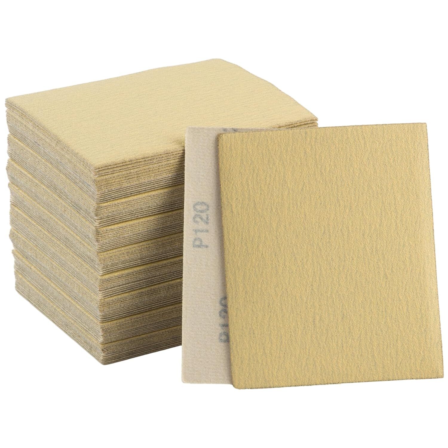 120 Grit Gold – 1/4 Sheet Hook & Loop Sandpaper Sheets 5.5″ x 4.5″ – 100 PCS