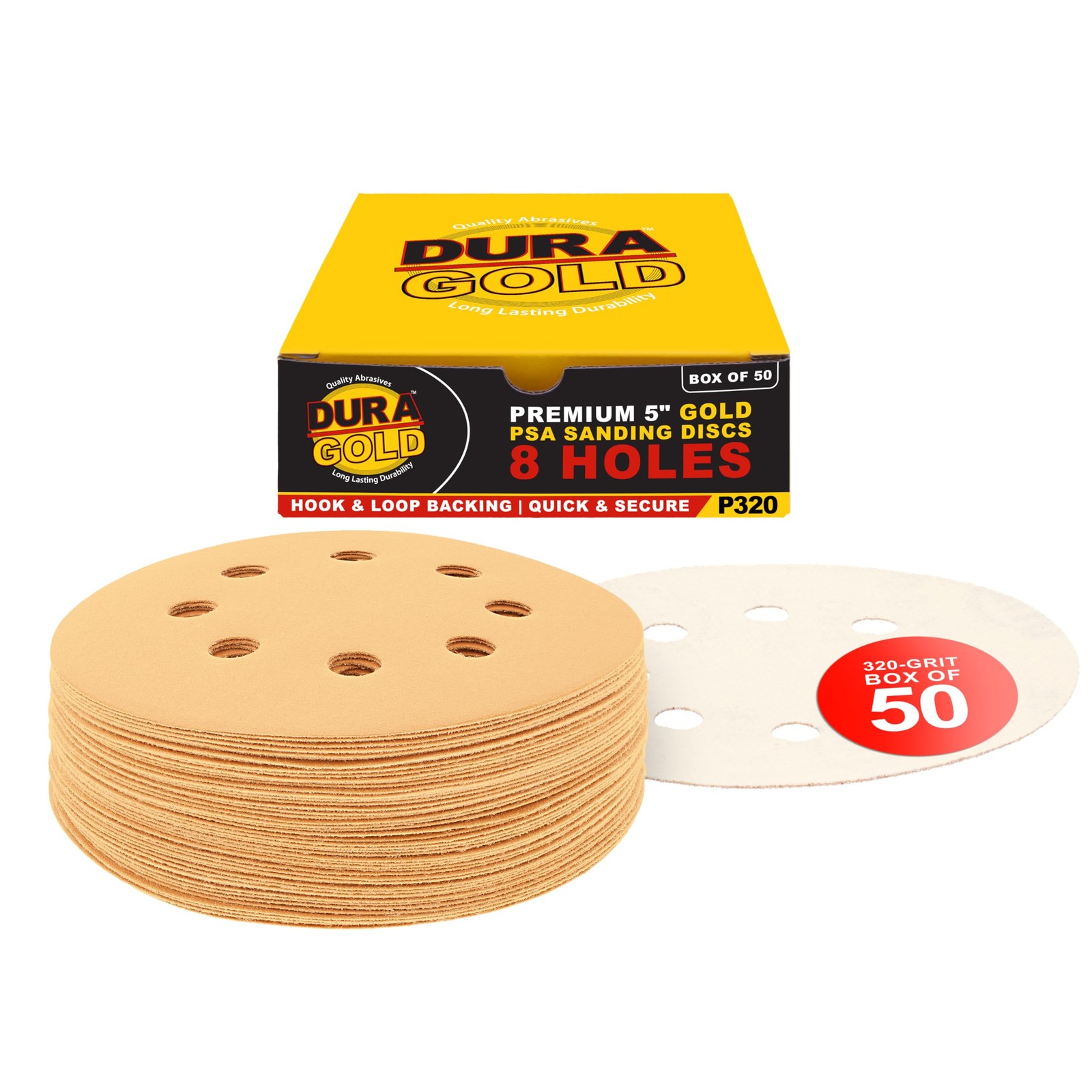 Dura-Gold Premium 320 Grit 5″ Sandpaper Discs, 8 Hole Pattern 320-Grit – Gold