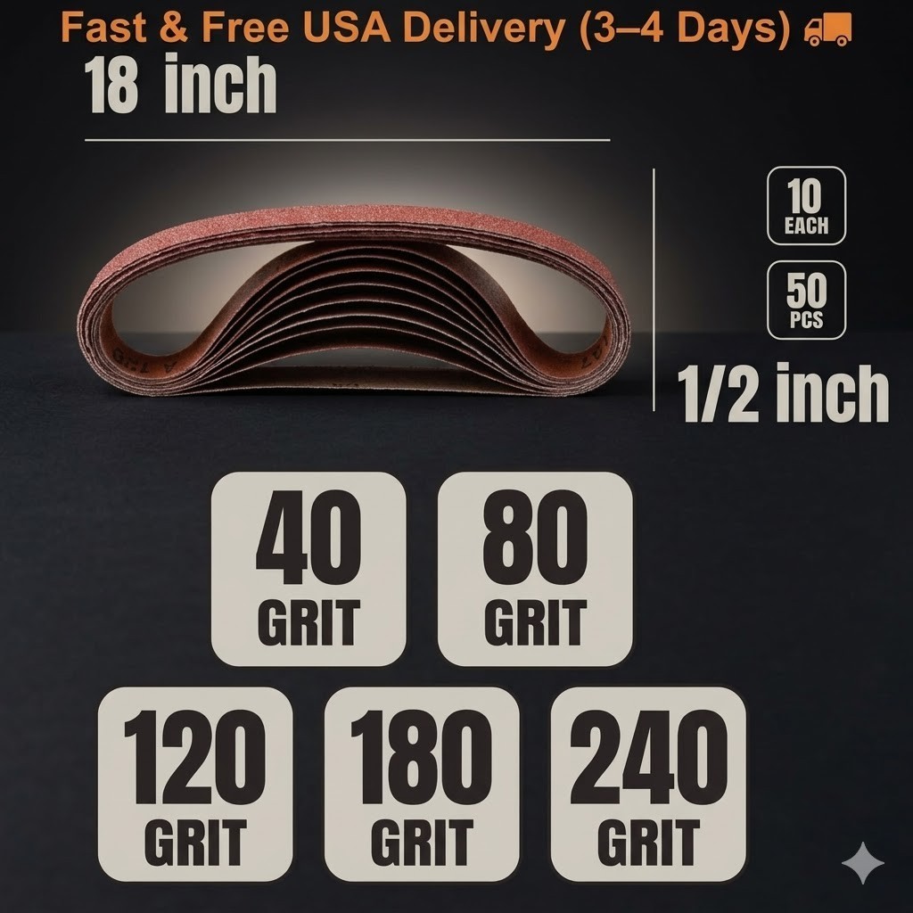 POWERTEC 1/2 x 18 Inch Sanding Belts, 50PK, 10 each of Assorted Sizes