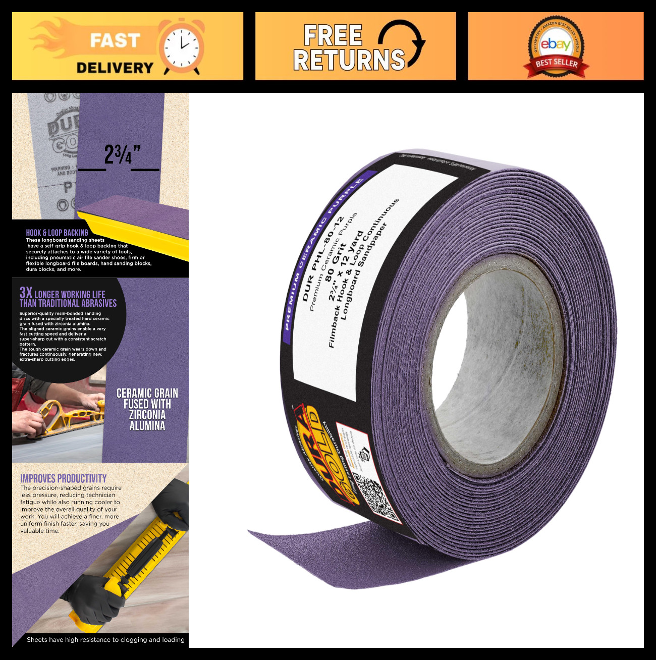 Premium 80 Grit Purple Ceramic Sandpaper Roll – 2-3/4″ Wide for Auto & Woodworki