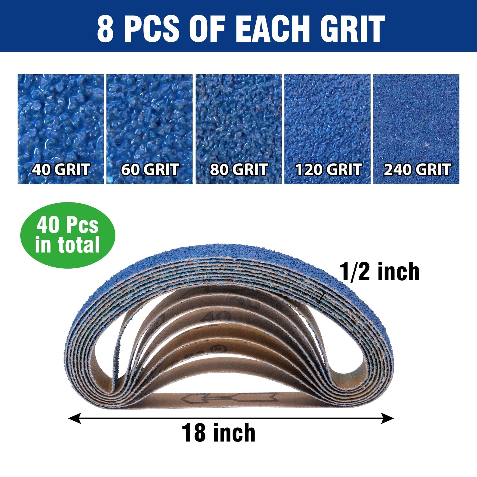 40 PCS 1/2″ x 18″ Zirconia Sanding Belts,8 Each of 40/60/80/120/240 Grits Bel…
