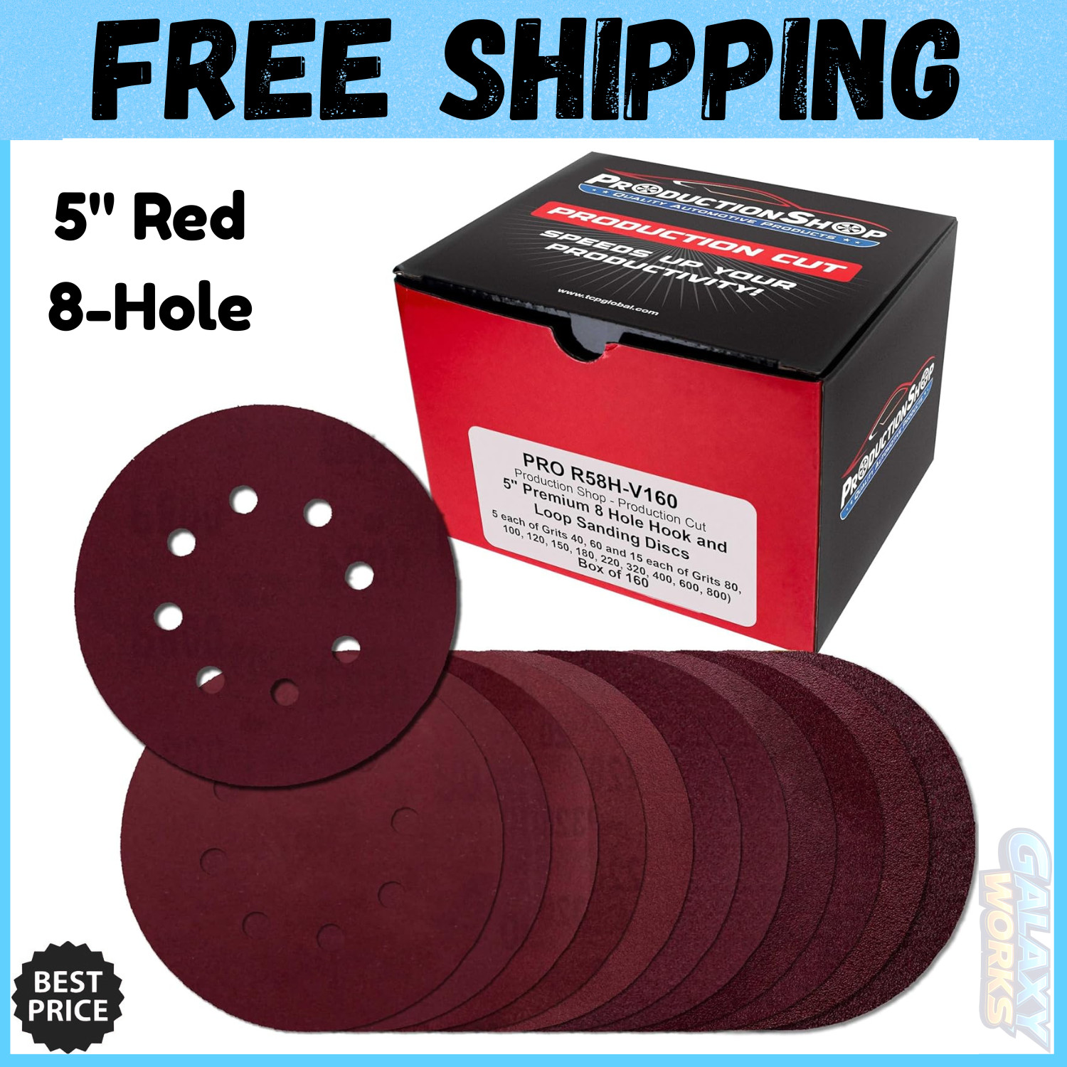 160 Pack 5 inch Sanding Discs 8-Hole Red Variety Pack Grit, Hook ,Loop Sandpaper