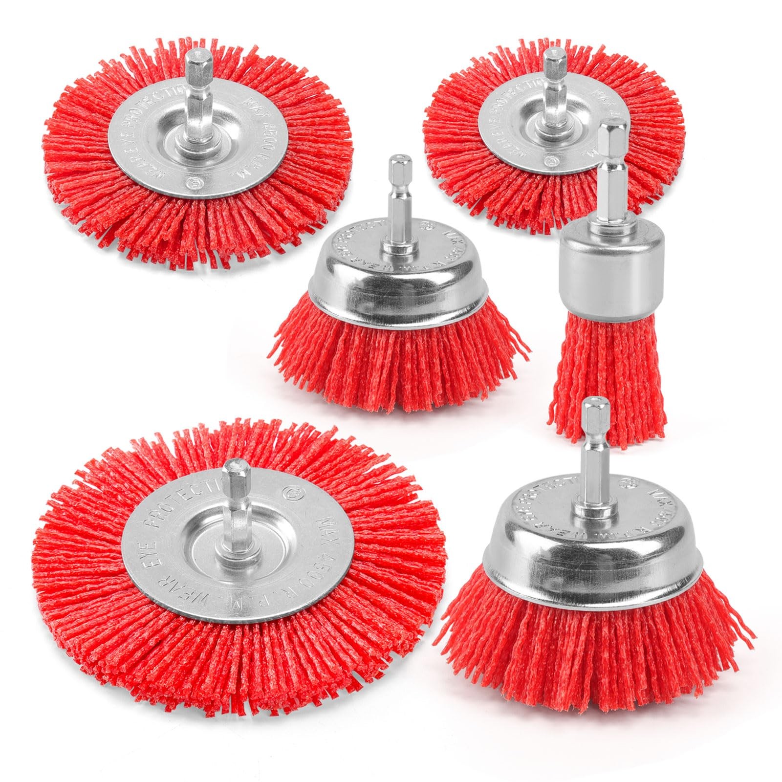 POLIWELL Nylon Wire Wheel Cup Brush Set, 6 Pack Drill Attachments red