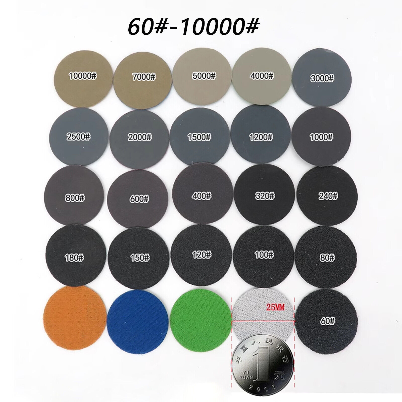 25mm 1 inch Wet Dry Sandpaper Mini Sanding Discs Hook & Loop Back 60-10000 Grit