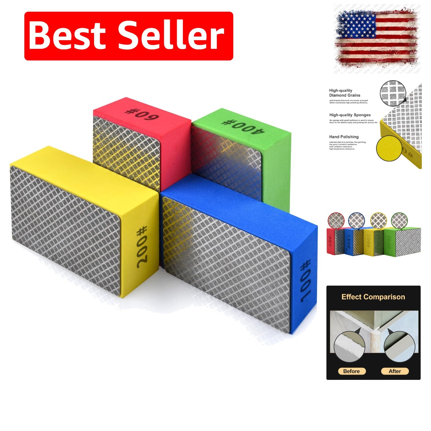 4pcs Diamond Hand Polishing Pads for Ceramic Tile Glass Grinding,Sanding Bloc…