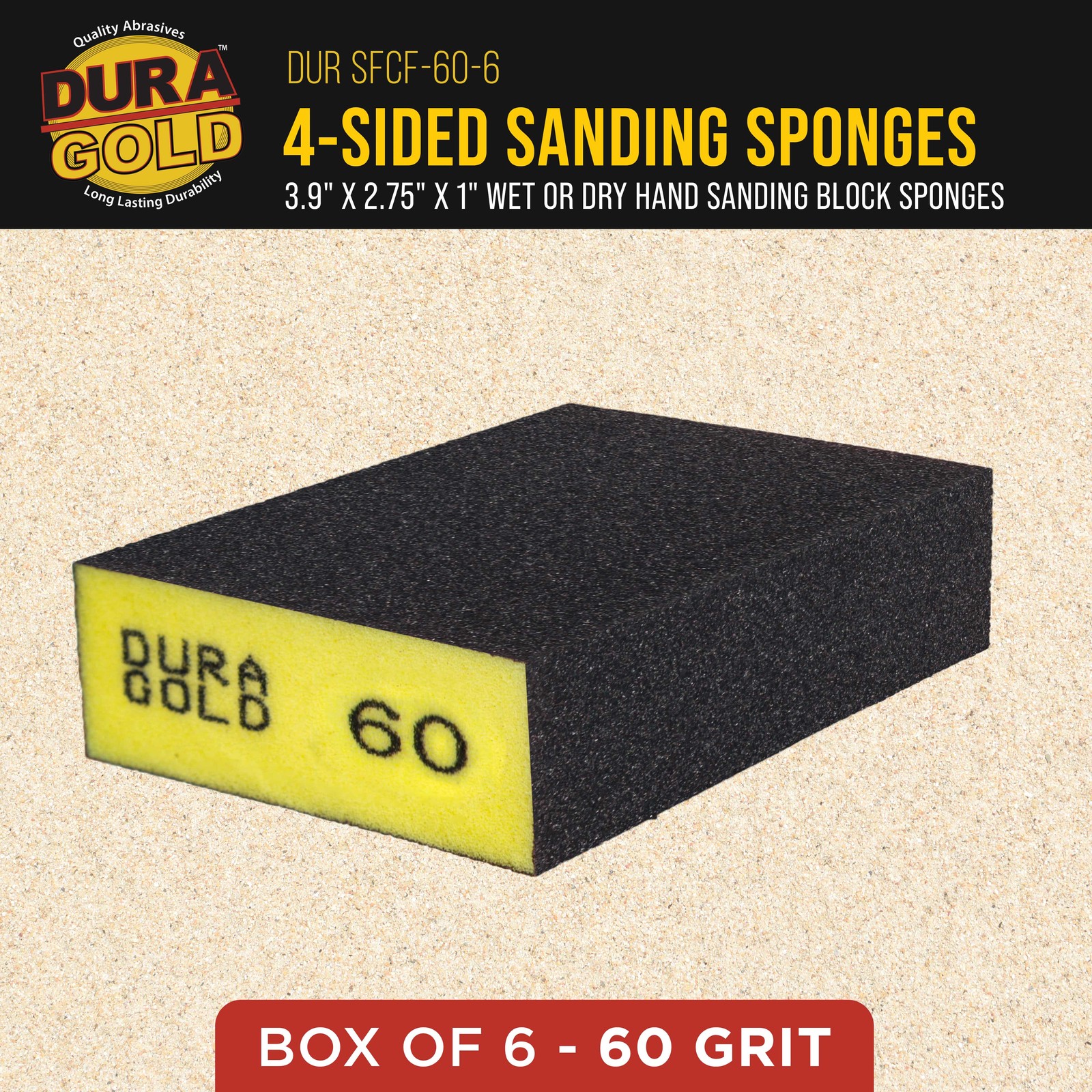 60 Grit 4-Sided Hand Sanding Block Sponges, 6/Box – 3.9″ x 2.75″ x 1″ Wet or Dry