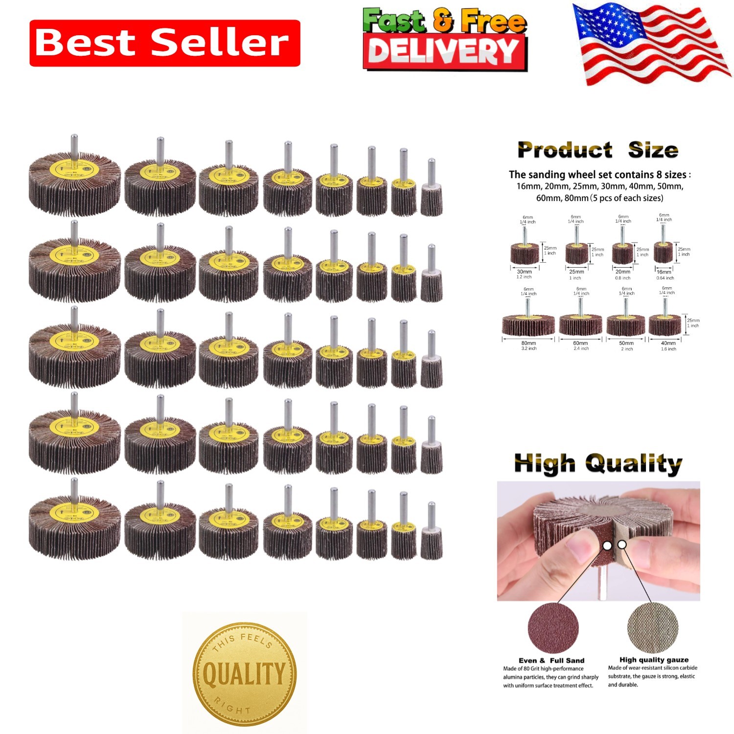 40-Piece 1/4″ Flap Wheel Set – 80 Grit Aluminum Oxide for Die Grinders