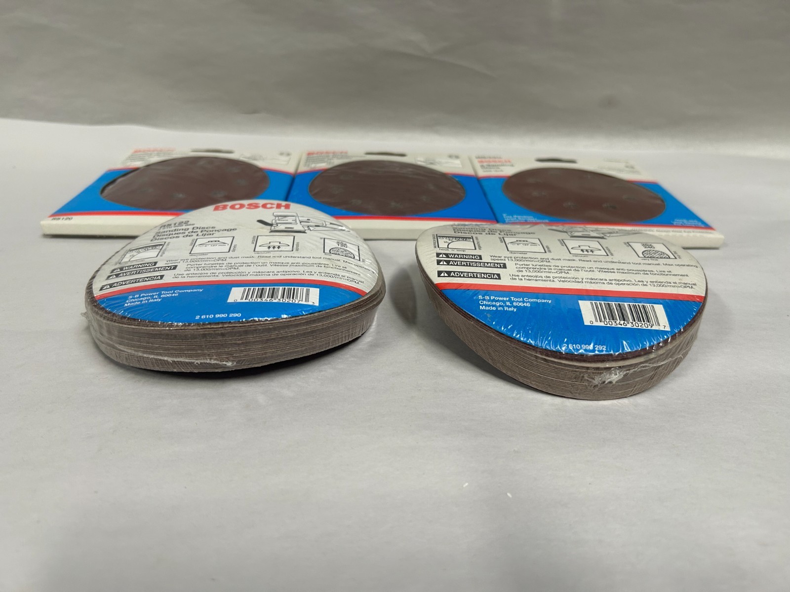 Lot “65” UNUSED Bosch 5″ 8 Hole Hook Loop Sanding Discs 80 120 240 32 Grit (A15)