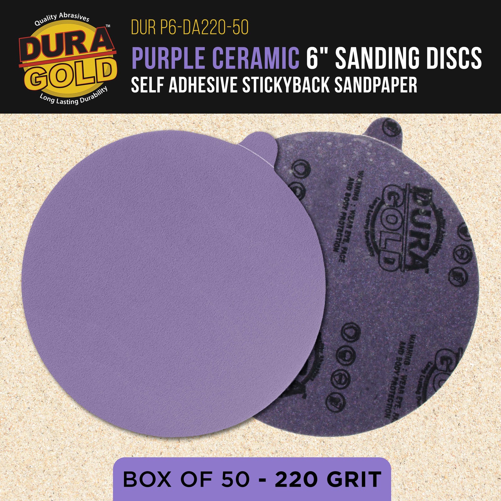 220 Grit 6″ PSA Ceramic Sanding Discs, Box of 50 – Self Adhesive Sandpaper