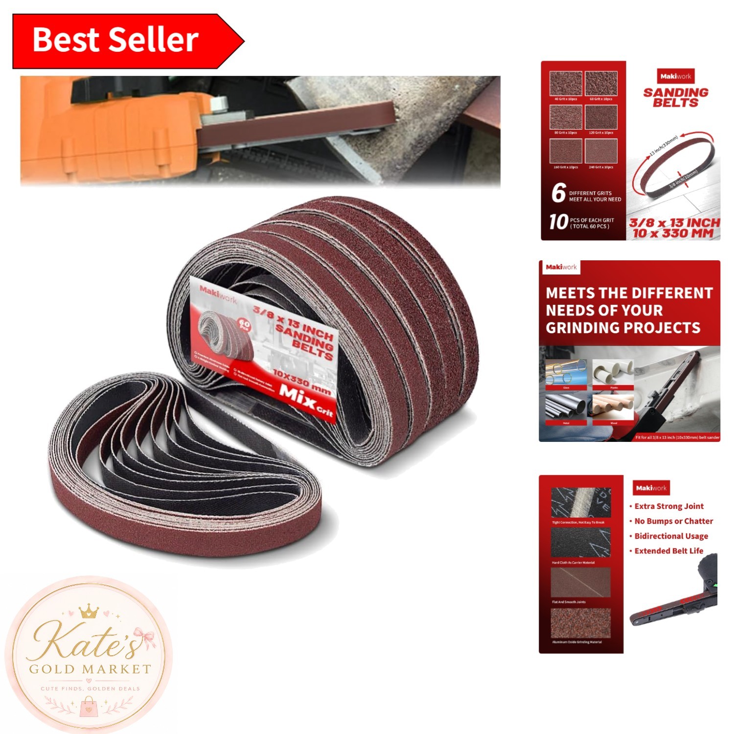 Versatile 3/8 x 13 Sanding Belts – 60-Pack with Multi Grits for Woodworking