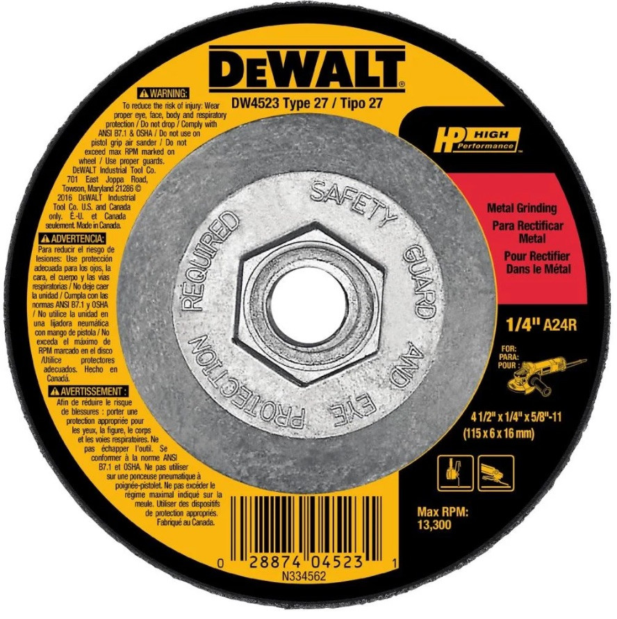 Dewalt-DW4523 High Performance Metal Grinding Wheel 4-1/2-in x 1/4-in