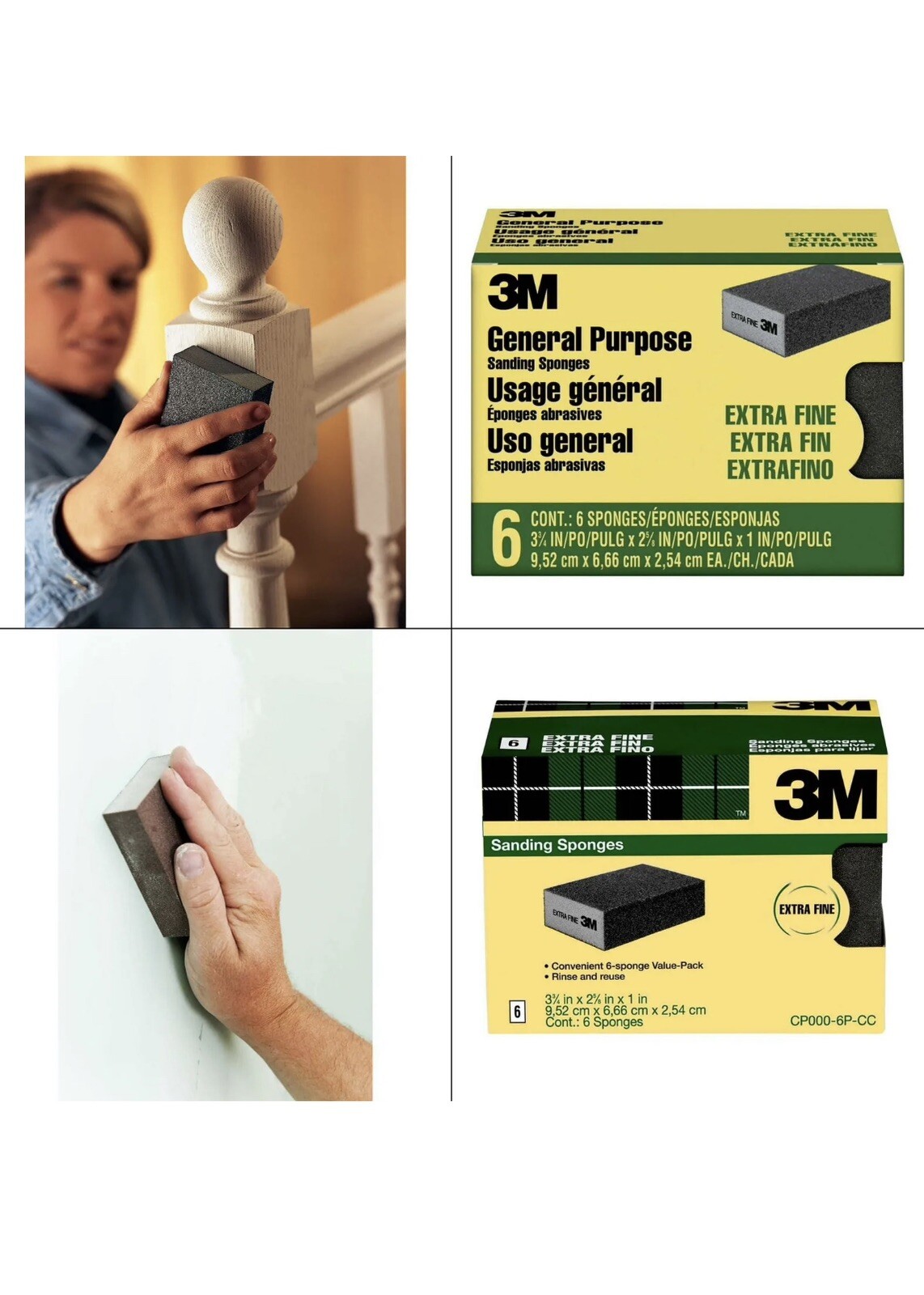 3M Extra Fine/Extra Fine Dual Grit Sanding Sponge by 3.75-Inch by 1-Inch (6ct)