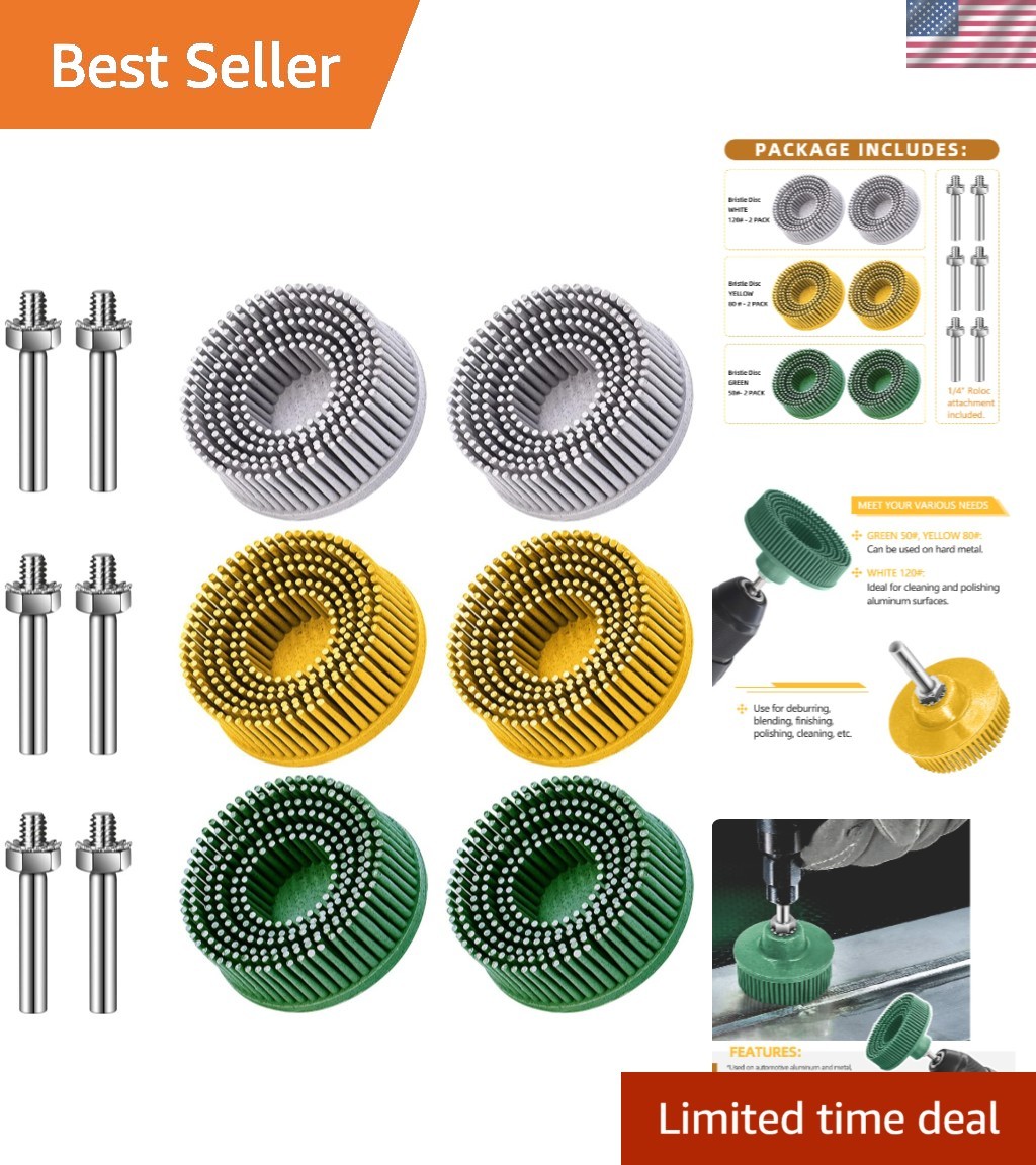 6 Pack 2 Inch Bristle Discs with 1/4″ Shank – Durable Coating Removal for Metal