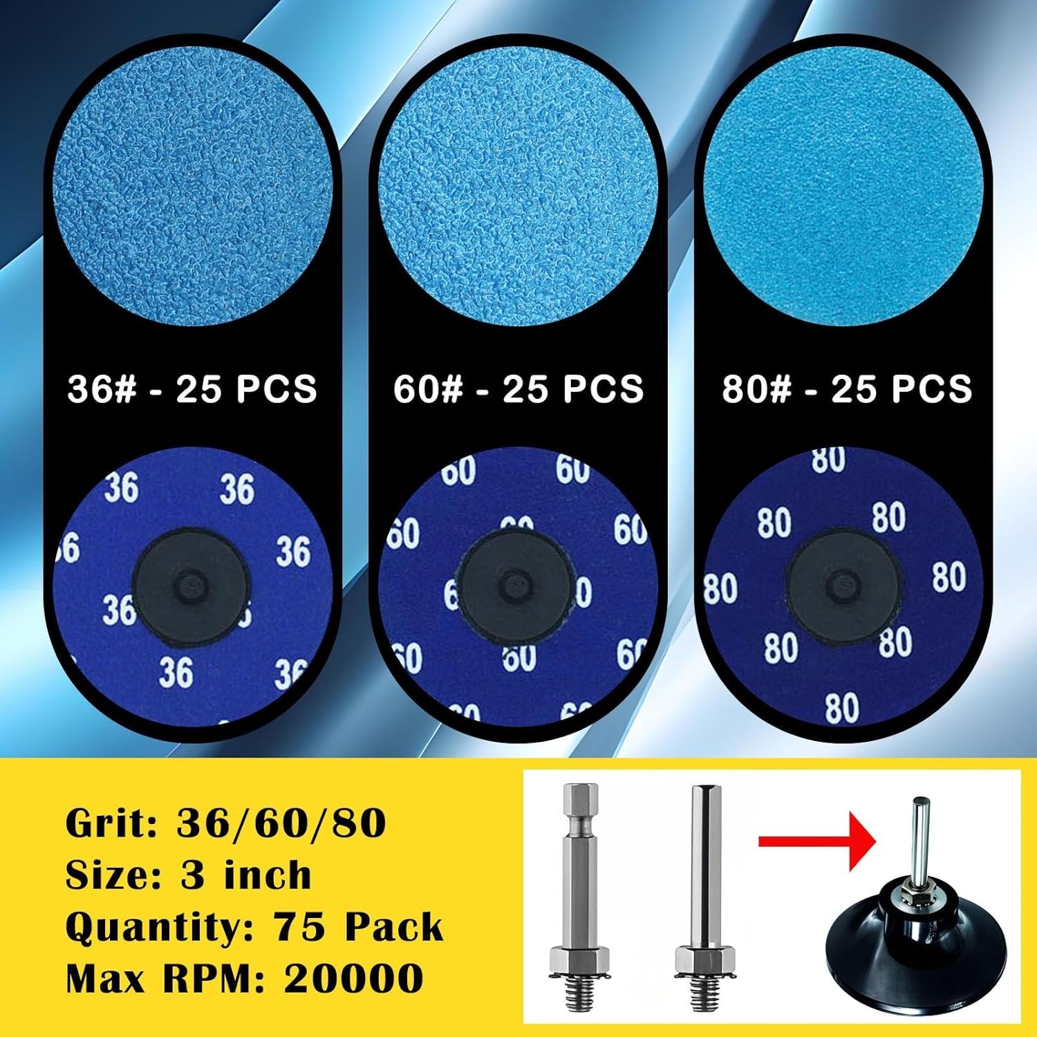 75Pcs 3 inch Quick Change Disc Set, Zirconia Roll Lock Sanding Disc with 1/4″…