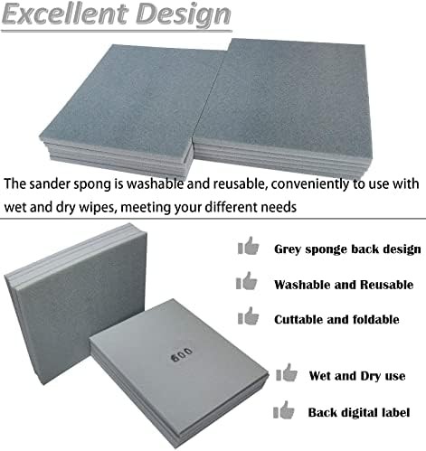 10 PCS 600 Grit 4.5 x 5.5 Inch Sanding Sponge Set, Wet or Dry Hand Sanding Spong