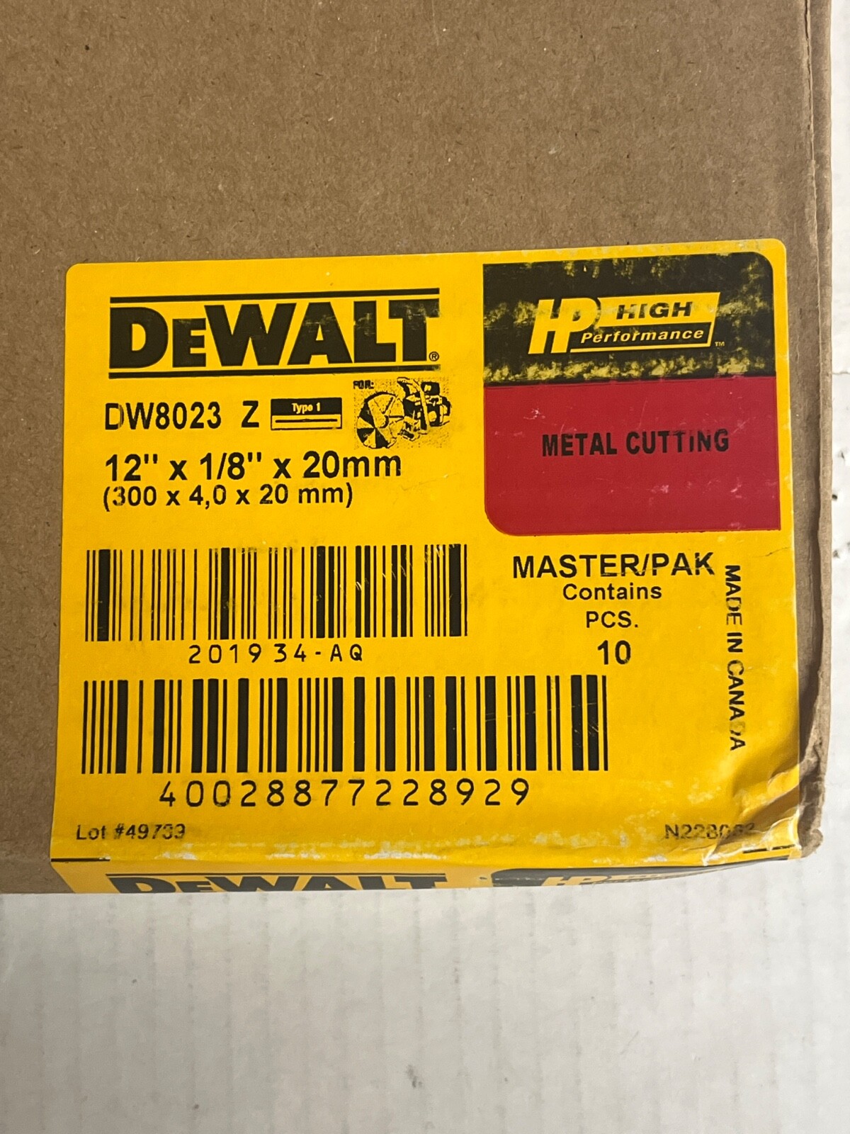 10 Pack Dewalt DW8023 Metal Cutting Wheel 12″ x 1/8″ x 20mm Type 1 New