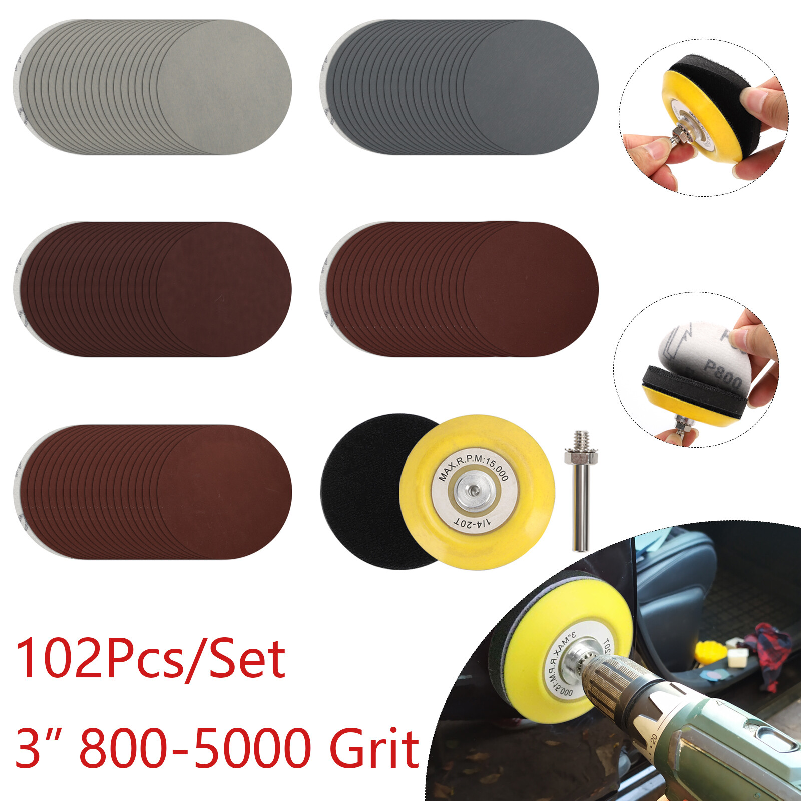102Pack 3″ Sanding Discs 800-5000 Grit For Drill Wet Dry Hook Loop Sandpaper Pad