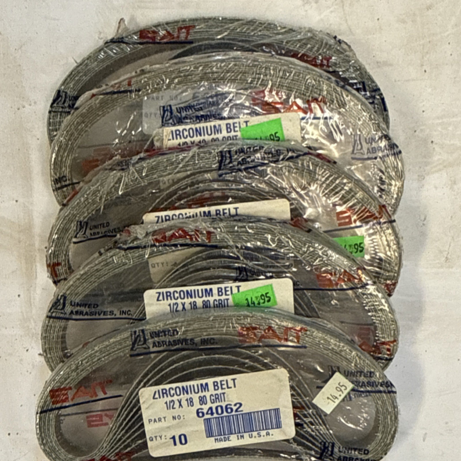 SAIT 1/2 in x 18 in Zirconium Sanding Belts 80 Grit 10-Pack Model 64062 Lot of 5