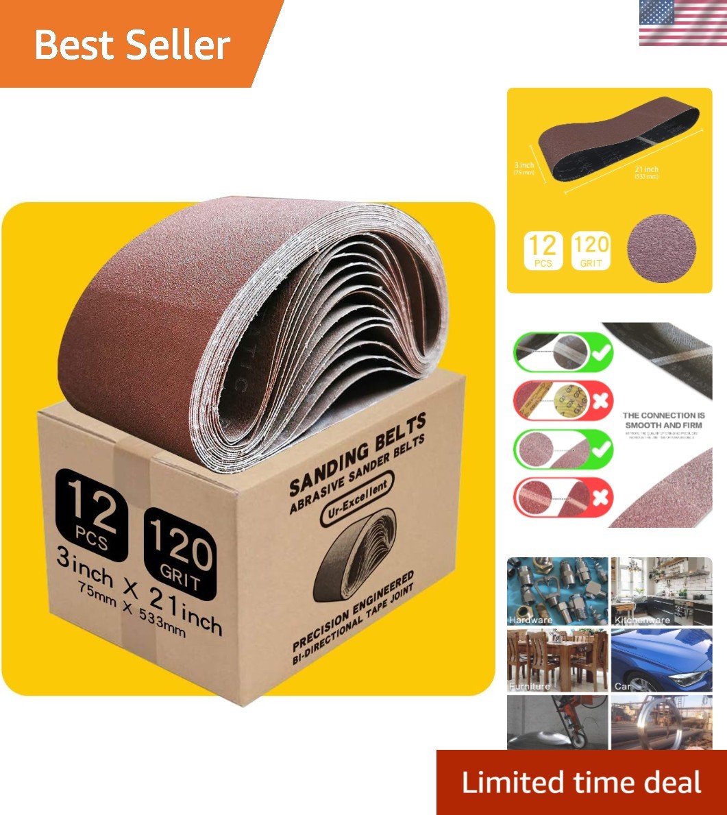 Versatile 3 x 21 Inch 120 Grit Sanding Belts – For Wood, Metal, Glass, 12 Pack