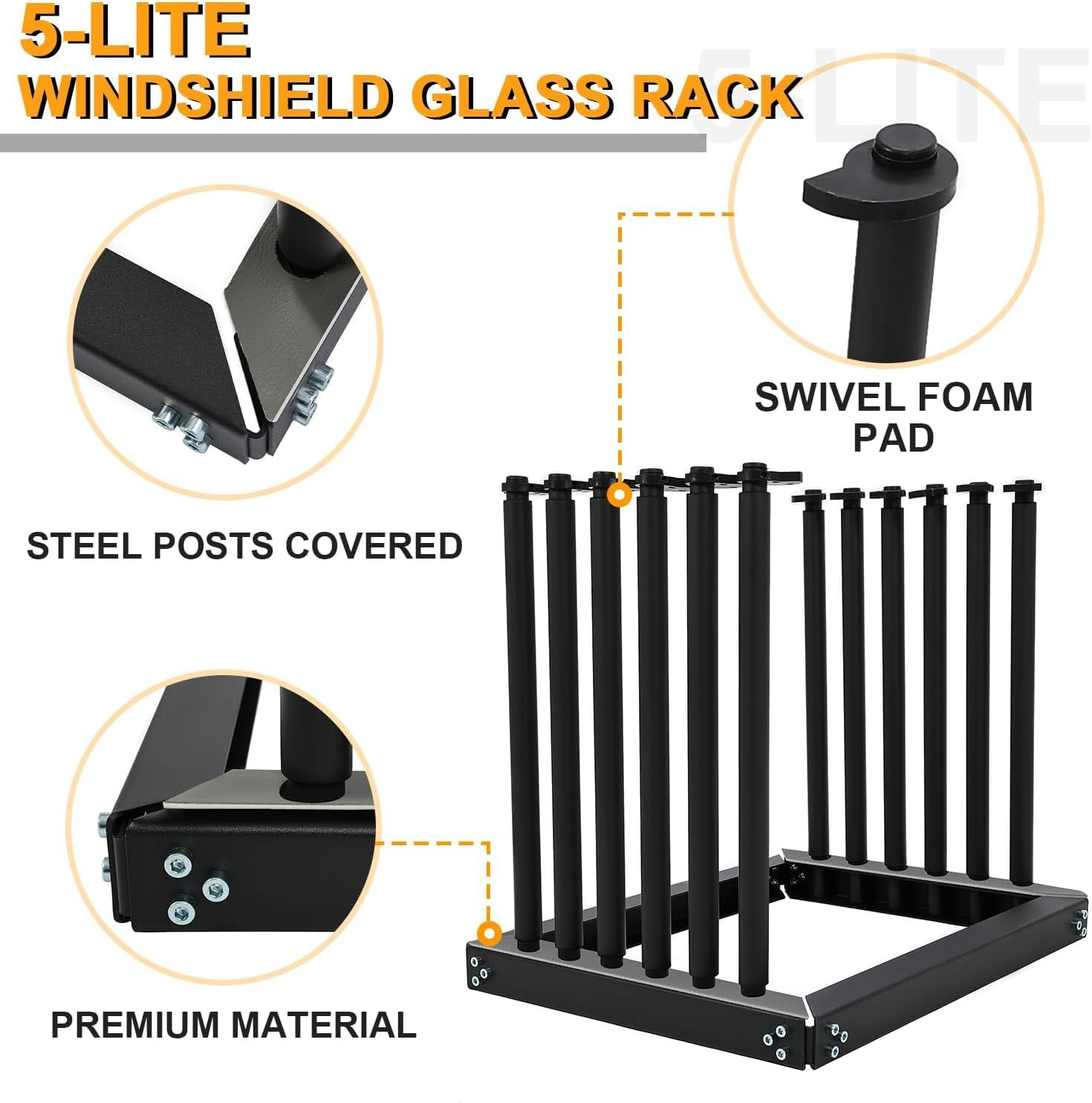 5-Lite 24″ Windshield Glass Rack with Rubber Pads & Steel Holder