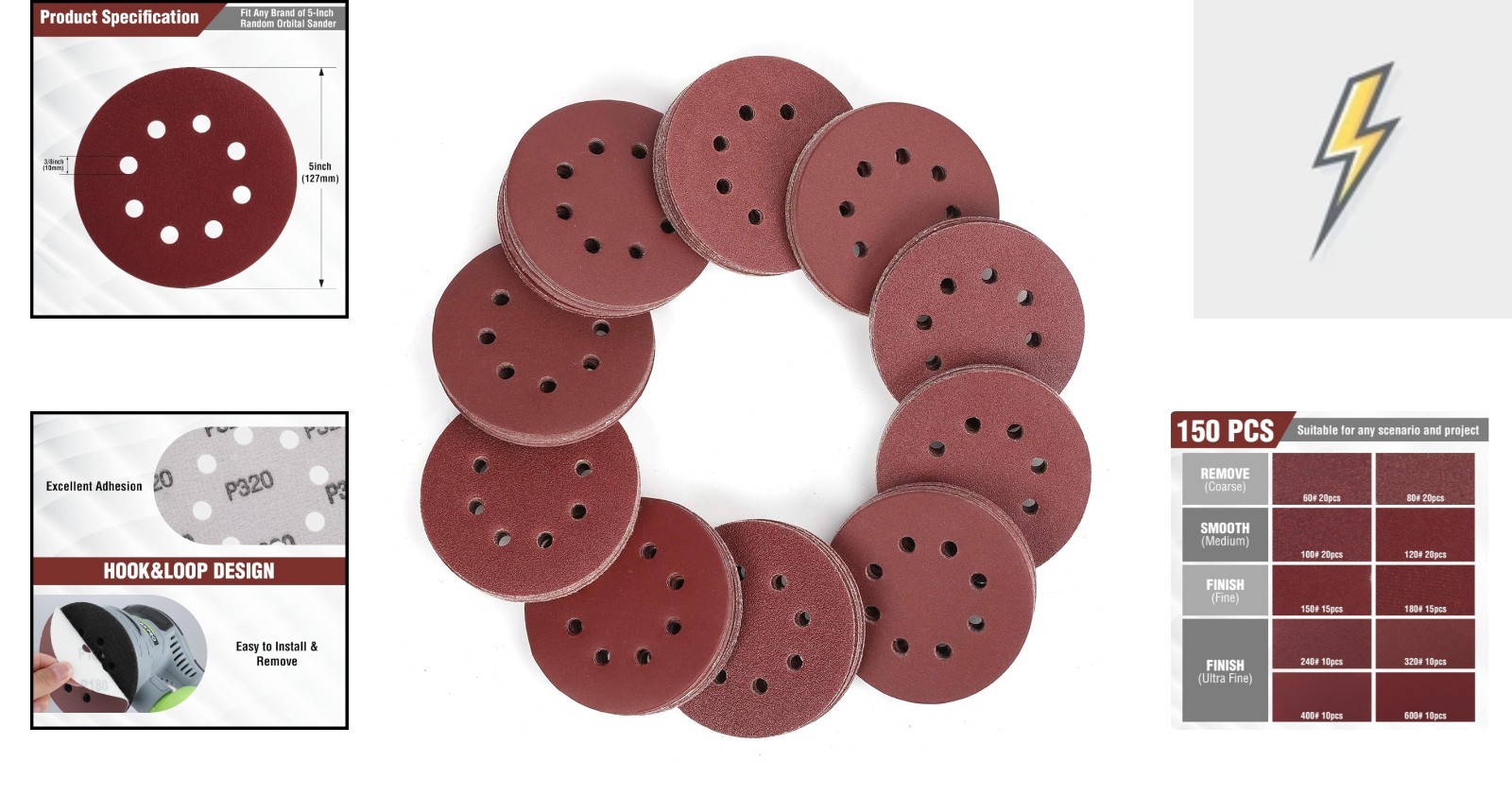 150-Piece 5-Inch Sanding Discs Set – 10 Grit Options for Superior Finishing