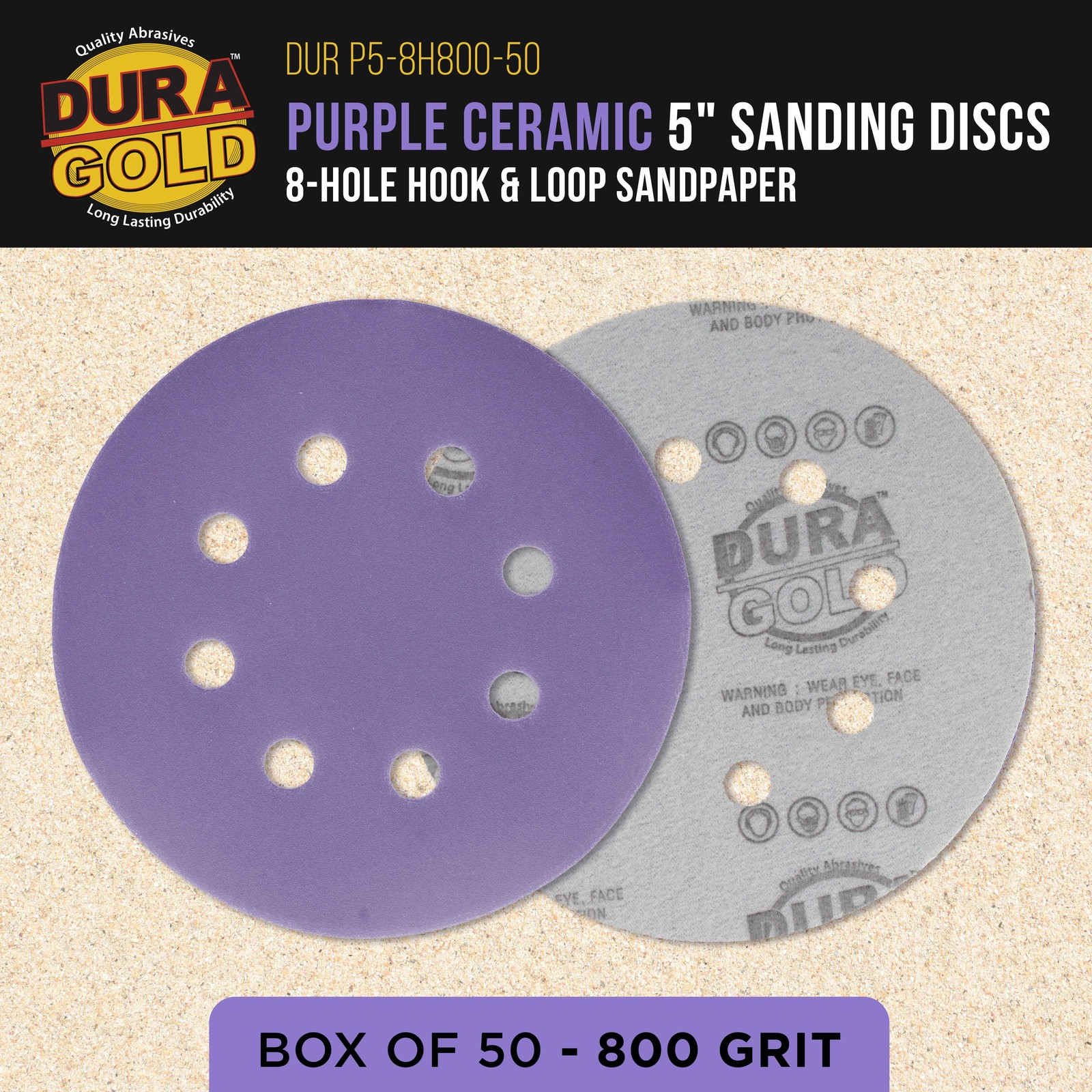 800 Grit 5″ Ceramic Sanding Discs, 8-Hole, Box of 50 – Hook & Loop Sandpaper
