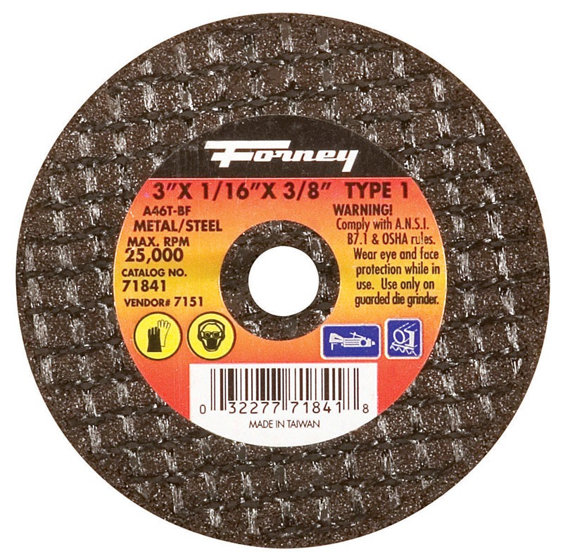 Forney 71841 Aluminum Oxide 25,465 rpm 3 Dia. in. Cut-Off Wheel 1/16 in. Thick
