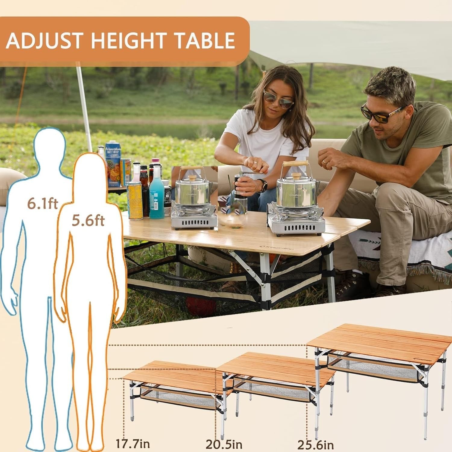 KingCamp Bamboo Folding Camping Table – Lightweight, Adjustable, Outdoor