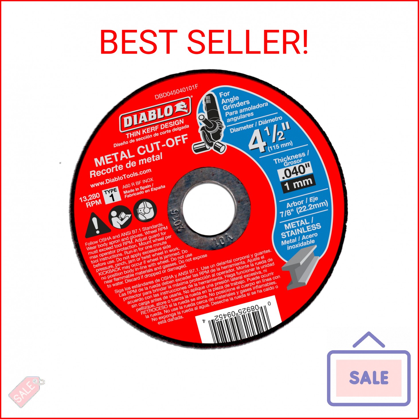 Diablo Metal Cut-Off Disc – Superior Performance – 4-1/2″ Diameter, 7/8″ Arbor,