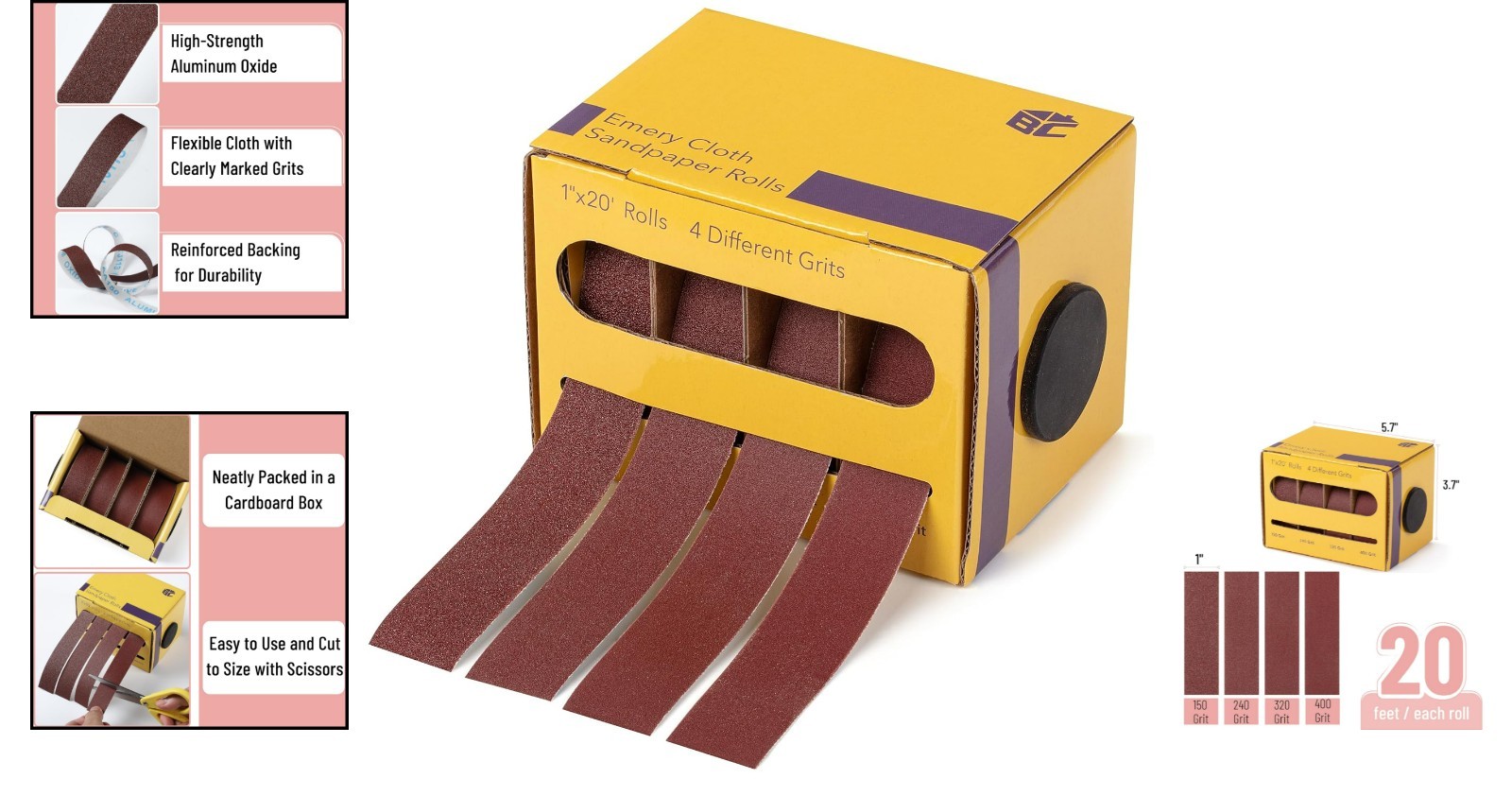 Versatile 1″ x 20 FT Emery Cloth Rolls – 150/240/320/400 Grit for All Projects