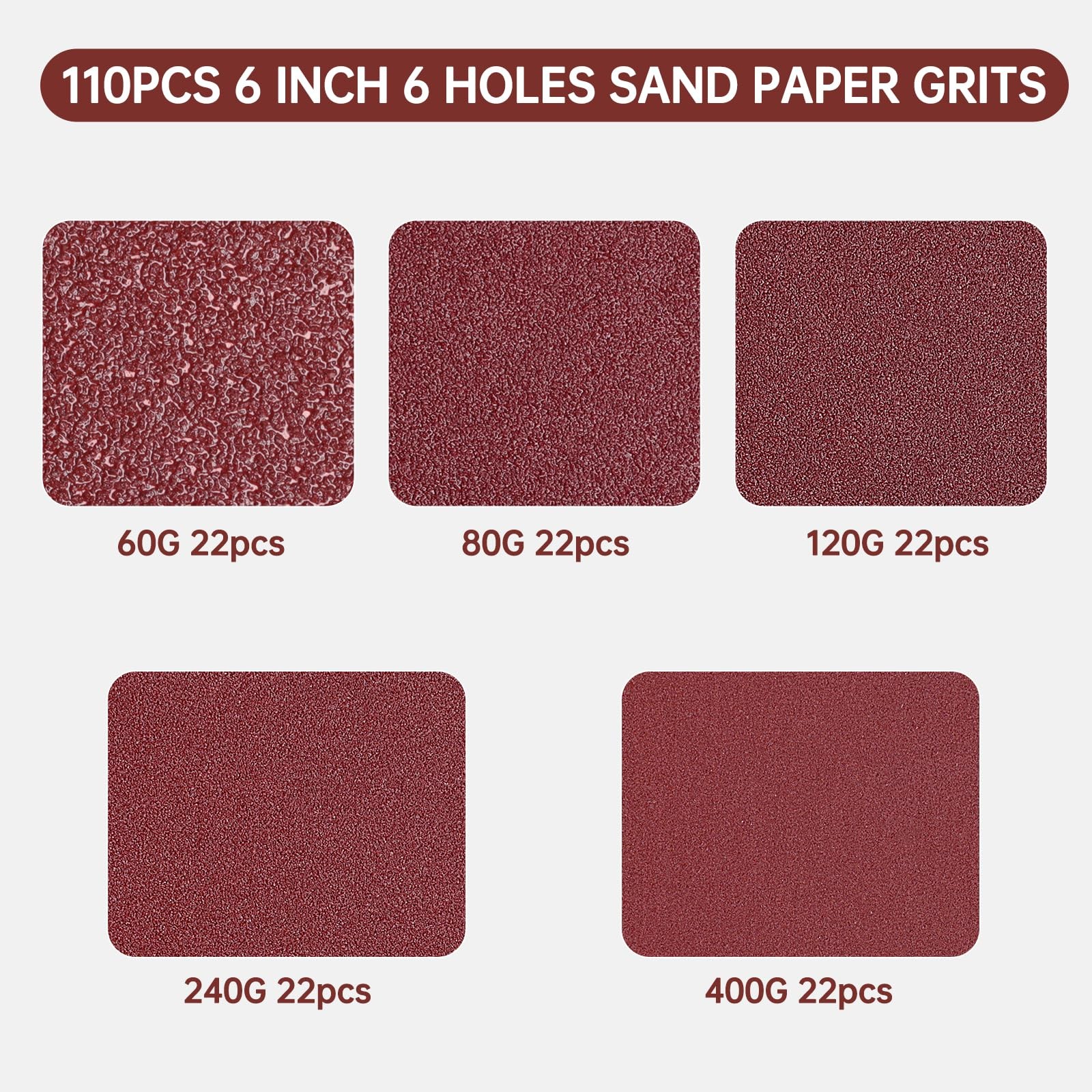 110 PCS 6 Inch 6-Hole Sanding Discs, Round Hook and Loop Sandpaper